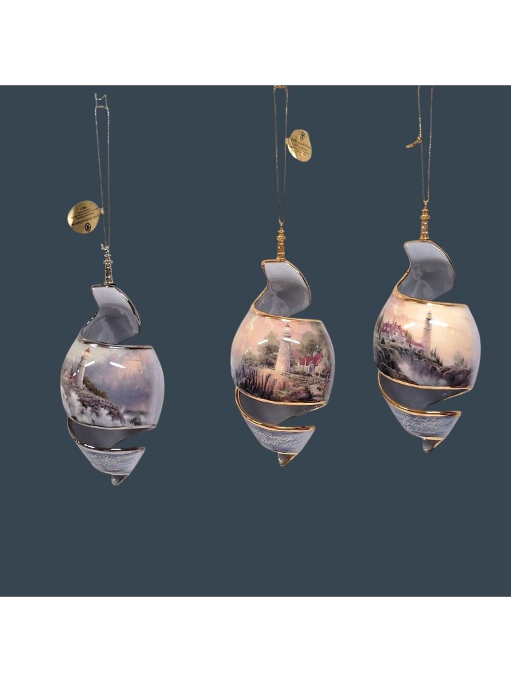 Thomas Kinkade Set of 3 Spiral Ornament Premier Issue 2002 Shoreline Splendors